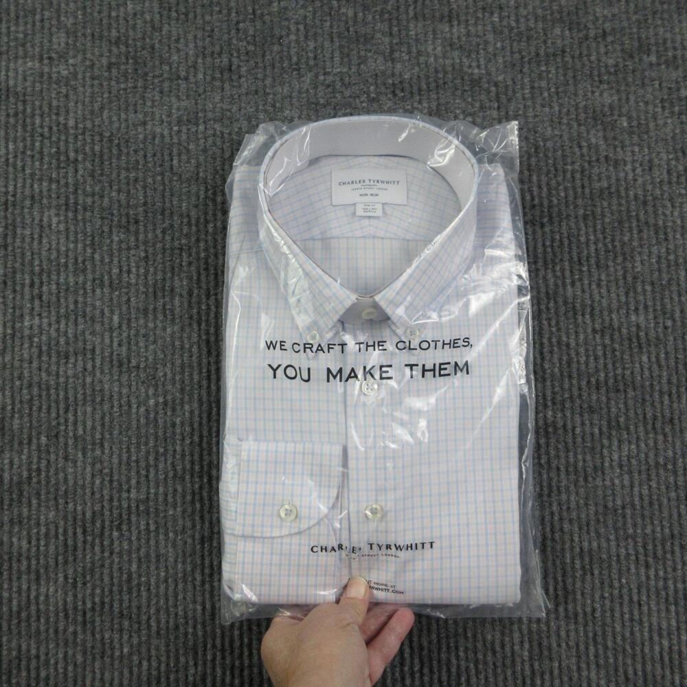 Charles Tyrwhitt Dress Shirt Mens 16.5 36/37 Blue Check Slim Fit Non-Iron NWOT